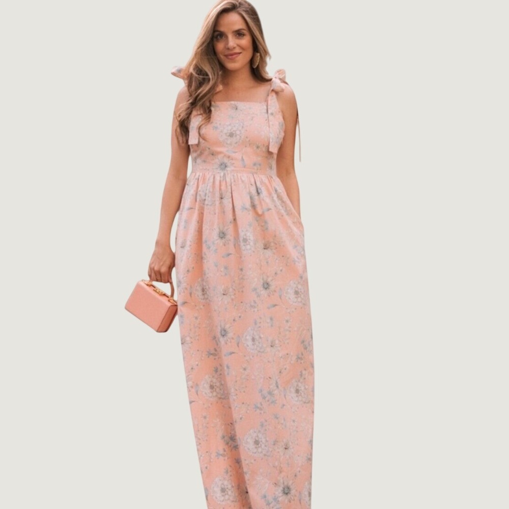 Gal‎ Meets Glam Anthropologie Peach Floral Tie Shoulder Maxi Dress Pockets Sz 10